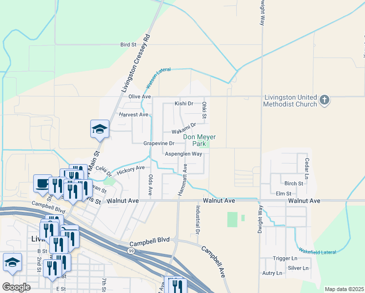 map of restaurants, bars, coffee shops, grocery stores, and more near 2126 Grapevine Drive in Livingston