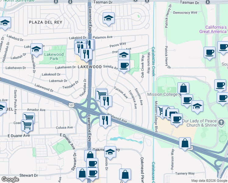 map of restaurants, bars, coffee shops, grocery stores, and more near 984 Fairwood Avenue in Sunnyvale