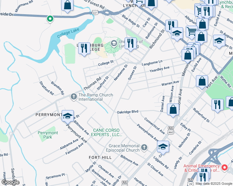 map of restaurants, bars, coffee shops, grocery stores, and more near 515 Edgar Street in Lynchburg