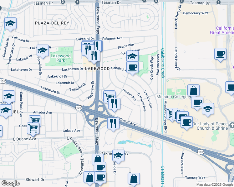 map of restaurants, bars, coffee shops, grocery stores, and more near 962 Crestwood Court in Sunnyvale