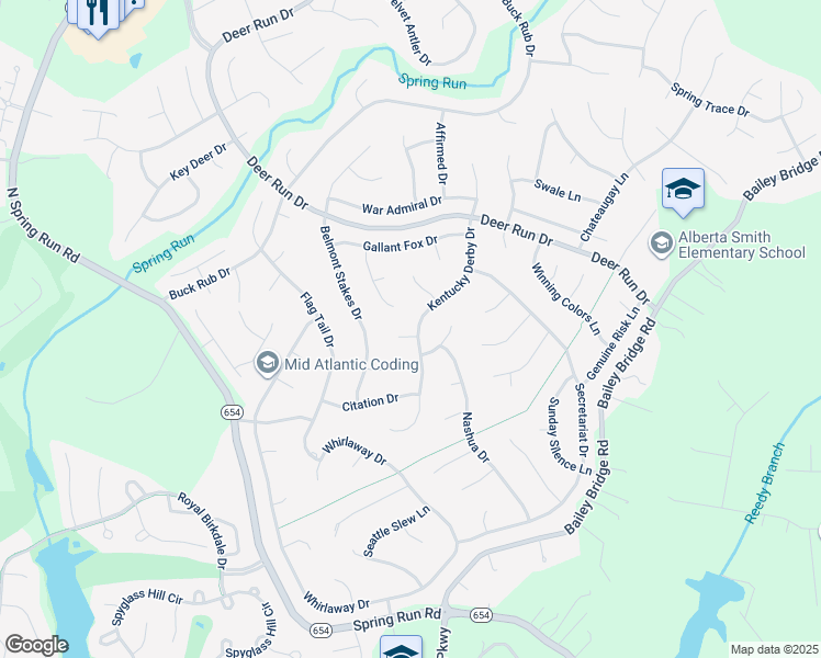 map of restaurants, bars, coffee shops, grocery stores, and more near 13800 Kentucky Derby Place in Midlothian
