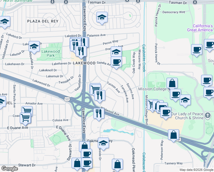 map of restaurants, bars, coffee shops, grocery stores, and more near 984 Fairwood Avenue in Sunnyvale