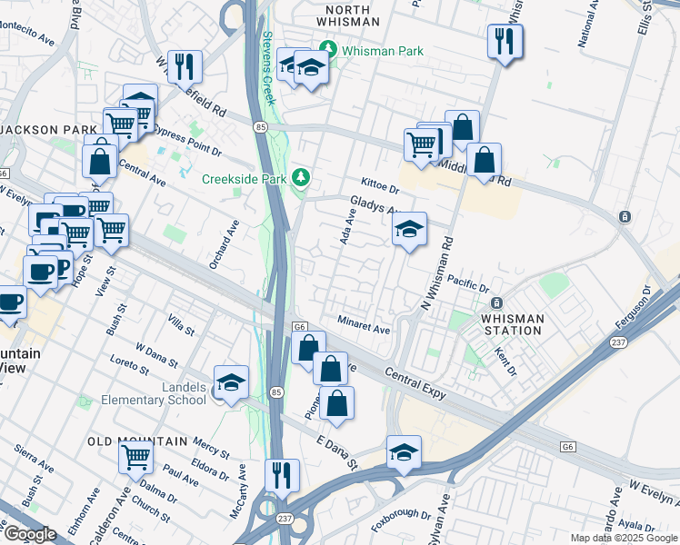 map of restaurants, bars, coffee shops, grocery stores, and more near 181 Ada Avenue in Mountain View