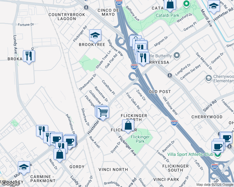 map of restaurants, bars, coffee shops, grocery stores, and more near 1607 4 Oaks Road in San Jose