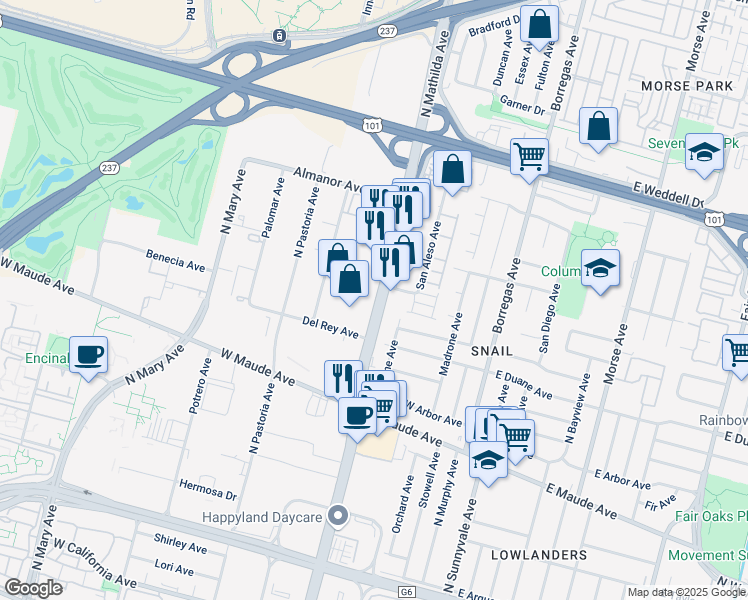 map of restaurants, bars, coffee shops, grocery stores, and more near 691n North Mathilda Avenue in Sunnyvale