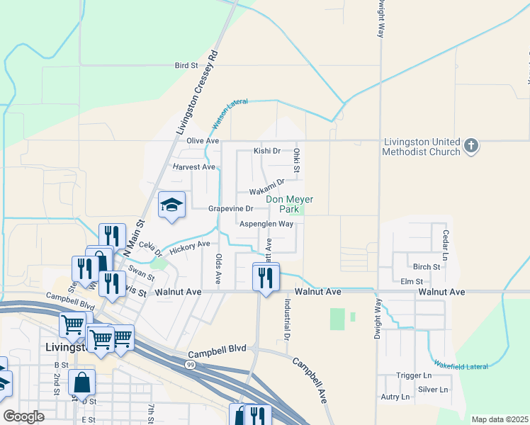 map of restaurants, bars, coffee shops, grocery stores, and more near 2126 Grapevine Drive in Livingston
