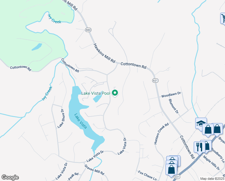 map of restaurants, bars, coffee shops, grocery stores, and more near 1102 Twin Springs Court in Forest