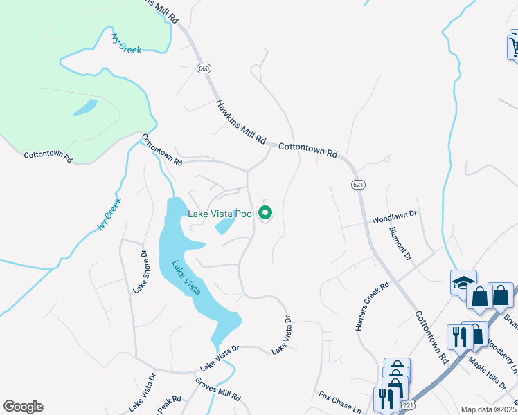 map of restaurants, bars, coffee shops, grocery stores, and more near 105 Forest Oaks Drive in Forest