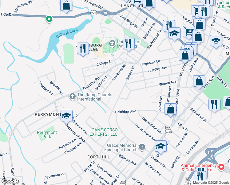 map of restaurants, bars, coffee shops, grocery stores, and more near 515 Edgar Street in Lynchburg