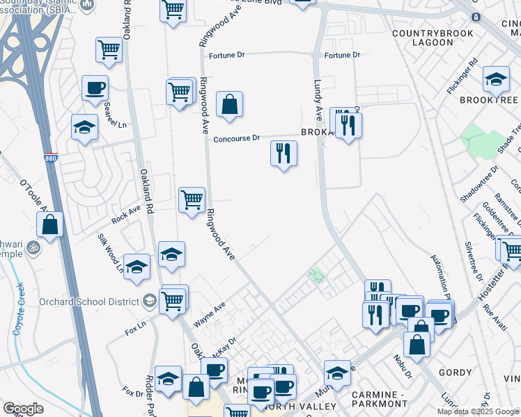 map of restaurants, bars, coffee shops, grocery stores, and more near 1151 Ringwood Court in San Jose