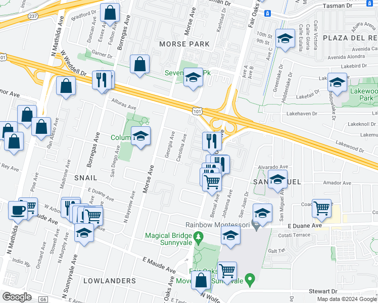 map of restaurants, bars, coffee shops, grocery stores, and more near 781 North Fair Oaks Avenue in Sunnyvale