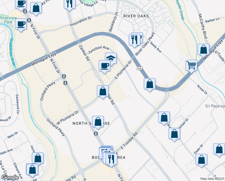 map of restaurants, bars, coffee shops, grocery stores, and more near 2880 Zanker Road in San Jose
