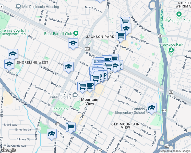 map of restaurants, bars, coffee shops, grocery stores, and more near 243 Bryant Street in Mountain View