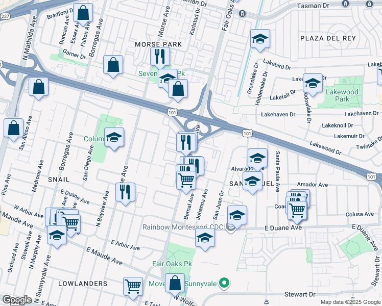 map of restaurants, bars, coffee shops, grocery stores, and more near North Fair Oaks Avenue & Ahwanee Avenue in Sunnyvale
