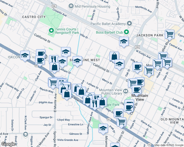 map of restaurants, bars, coffee shops, grocery stores, and more near 1548 Mercy Street in Mountain View