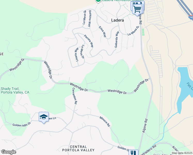 map of restaurants, bars, coffee shops, grocery stores, and more near 138 Bolivar Lane in Portola Valley