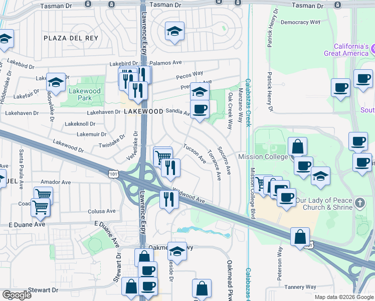 map of restaurants, bars, coffee shops, grocery stores, and more near 1208 Tucson Avenue in Sunnyvale