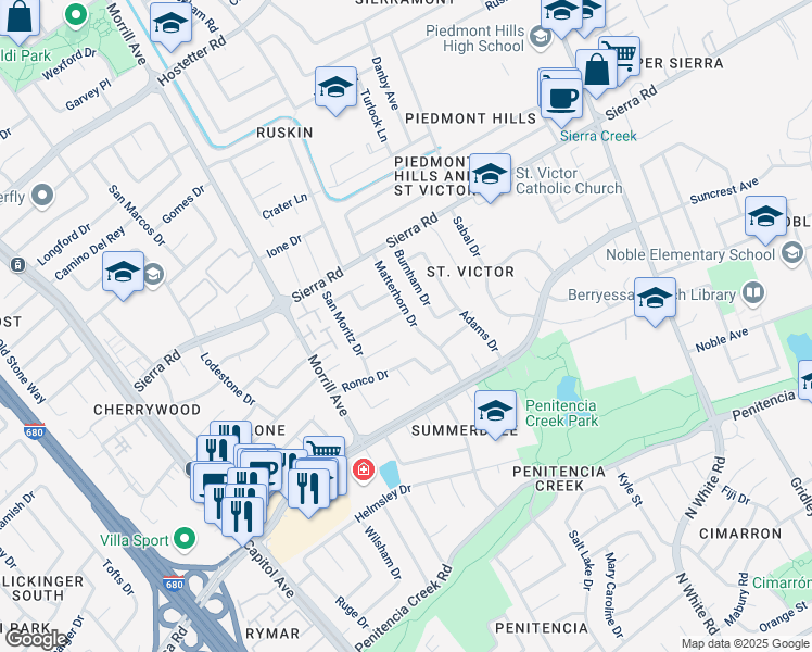 map of restaurants, bars, coffee shops, grocery stores, and more near 1196 Matterhorn Drive in San Jose