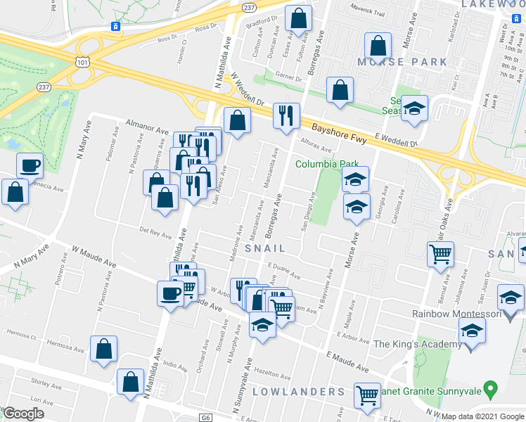 map of restaurants, bars, coffee shops, grocery stores, and more near 680 Manzanita Avenue in Sunnyvale