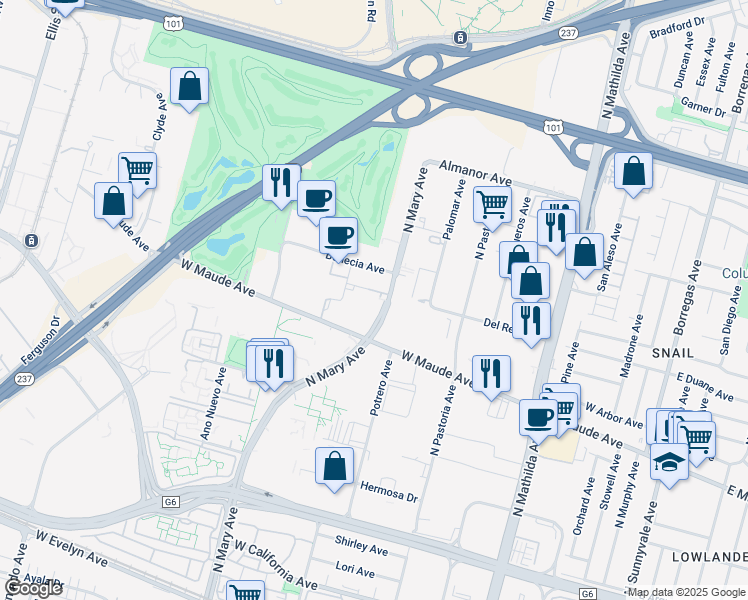 map of restaurants, bars, coffee shops, grocery stores, and more near 640 North Mary Avenue in Sunnyvale