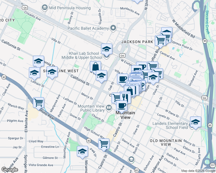 map of restaurants, bars, coffee shops, grocery stores, and more near 336 Oak Street in Mountain View
