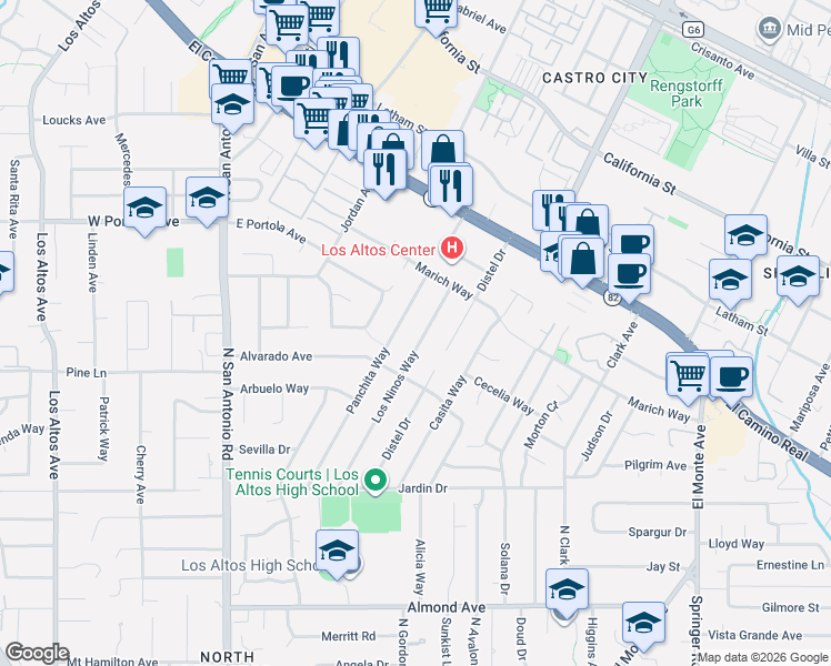 map of restaurants, bars, coffee shops, grocery stores, and more near 671 Panchita Way in Los Altos