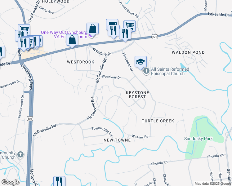 map of restaurants, bars, coffee shops, grocery stores, and more near 310 Killarney Court in Lynchburg