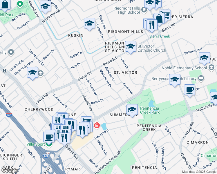map of restaurants, bars, coffee shops, grocery stores, and more near 1196 Matterhorn Drive in San Jose