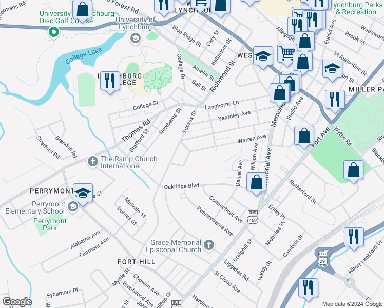 map of restaurants, bars, coffee shops, grocery stores, and more near 425 Warren Avenue in Lynchburg
