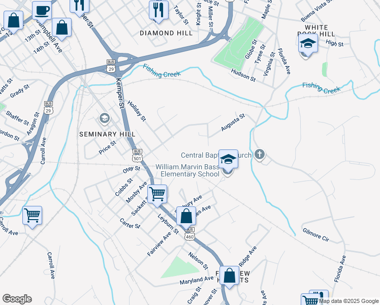 map of restaurants, bars, coffee shops, grocery stores, and more near 2625 Kemper Street in Lynchburg