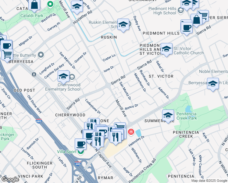 map of restaurants, bars, coffee shops, grocery stores, and more near 1215 Sierra Village Way in San Jose
