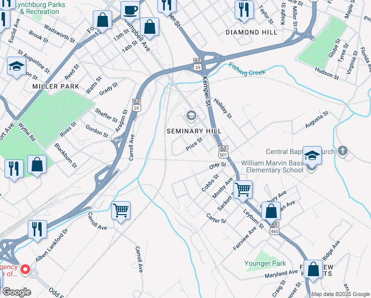 map of restaurants, bars, coffee shops, grocery stores, and more near 2259 Halifax Street in Lynchburg