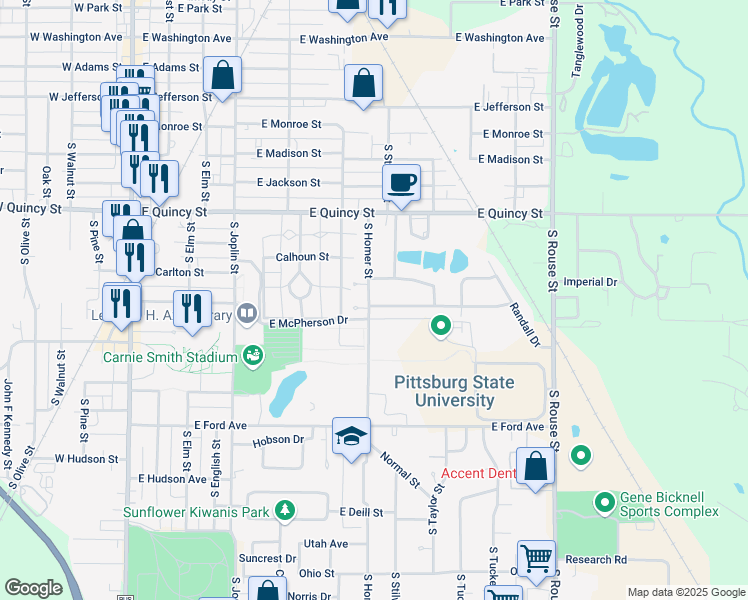 map of restaurants, bars, coffee shops, grocery stores, and more near 701 Twin Lakes Drive in Pittsburg