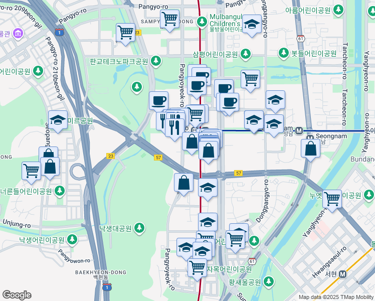 map of restaurants, bars, coffee shops, grocery stores, and more near in Seongnam-si