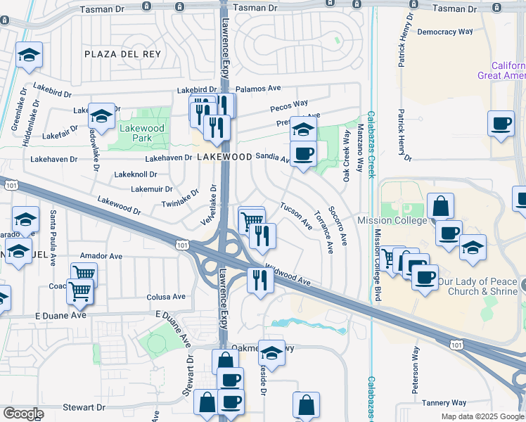 map of restaurants, bars, coffee shops, grocery stores, and more near 962 Crestwood Ct in Sunnyvale