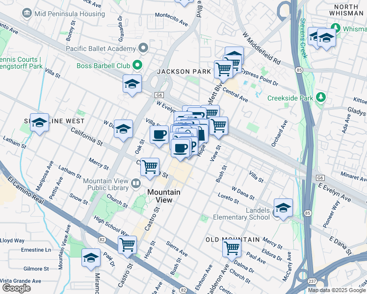 map of restaurants, bars, coffee shops, grocery stores, and more near 234 Castro Street in Mountain View