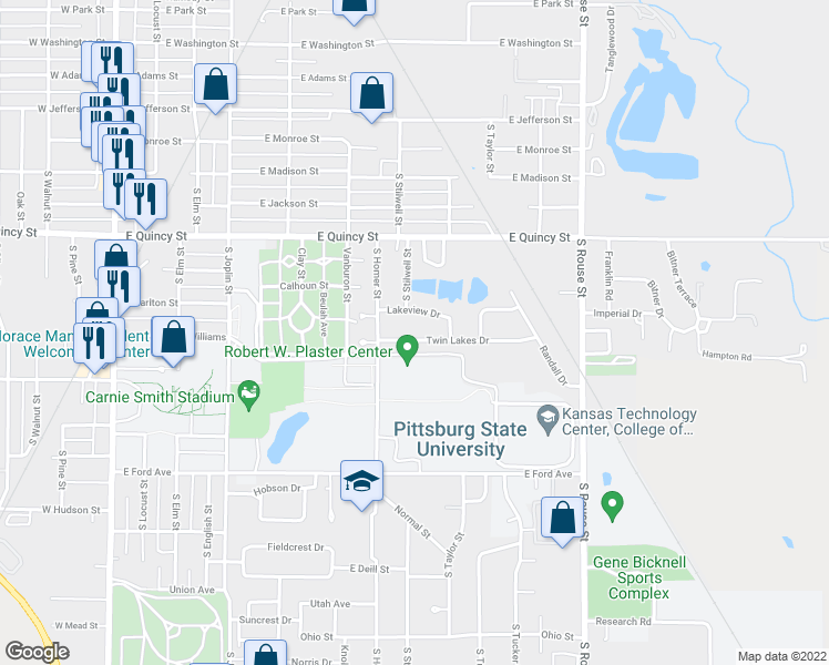 map of restaurants, bars, coffee shops, grocery stores, and more near 701-899 Twin Lakes Drive in Pittsburg