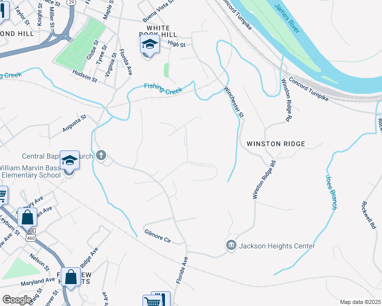map of restaurants, bars, coffee shops, grocery stores, and more near 1516 Longview Drive in Lynchburg