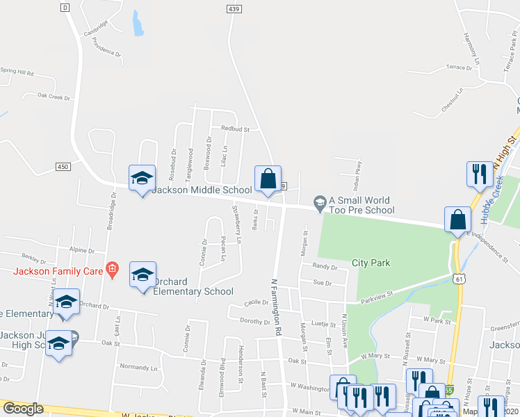 map of restaurants, bars, coffee shops, grocery stores, and more near 50 Barks Street in Jackson