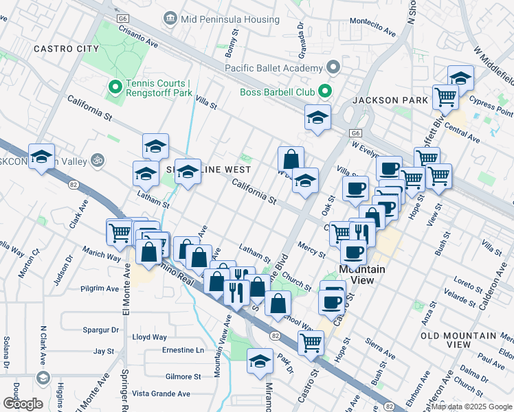 map of restaurants, bars, coffee shops, grocery stores, and more near 440 Palo Alto Avenue in Mountain View