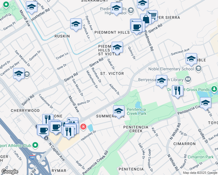 map of restaurants, bars, coffee shops, grocery stores, and more near 3025 Lugano Way in San Jose