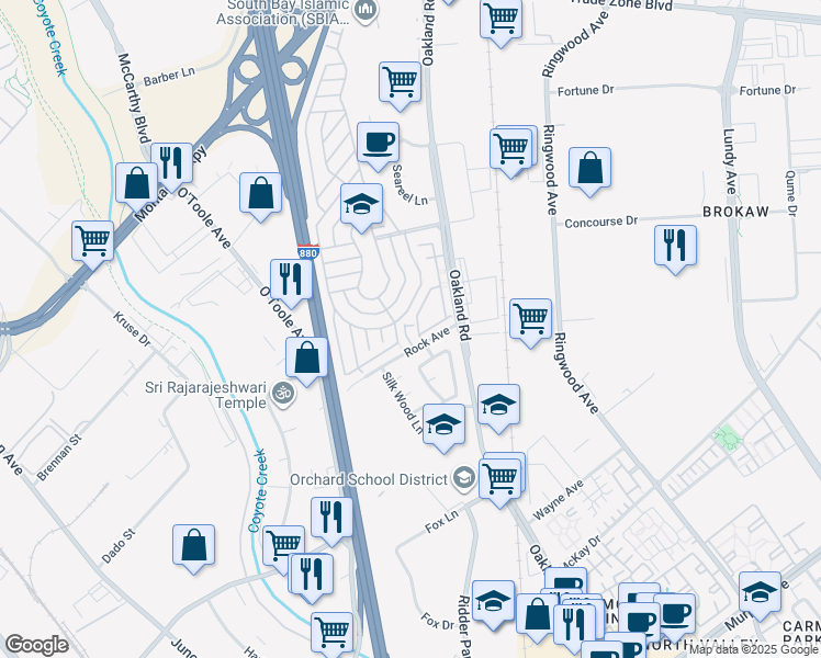 map of restaurants, bars, coffee shops, grocery stores, and more near 2170 Klassen Way in San Jose