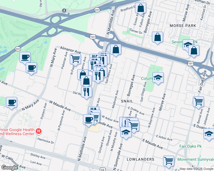 map of restaurants, bars, coffee shops, grocery stores, and more near 386 San Aleso Avenue in Sunnyvale