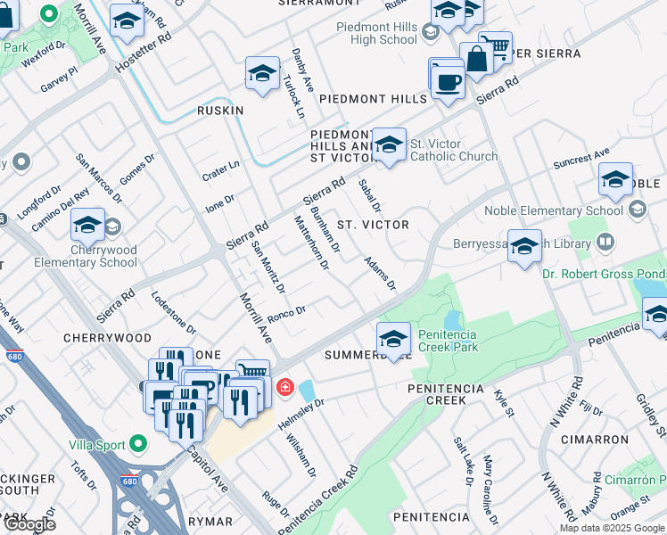 map of restaurants, bars, coffee shops, grocery stores, and more near 1196 Matterhorn Drive in San Jose