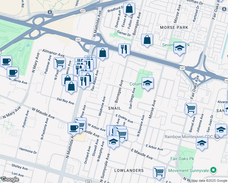 map of restaurants, bars, coffee shops, grocery stores, and more near 680 Manzanita Avenue in Sunnyvale
