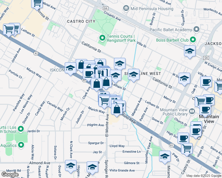 map of restaurants, bars, coffee shops, grocery stores, and more near 657 Escuela Avenue in Mountain View