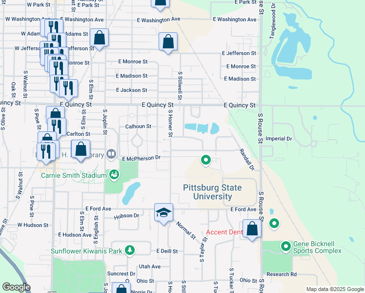 map of restaurants, bars, coffee shops, grocery stores, and more near 701-899 Twin Lakes Drive in Pittsburg