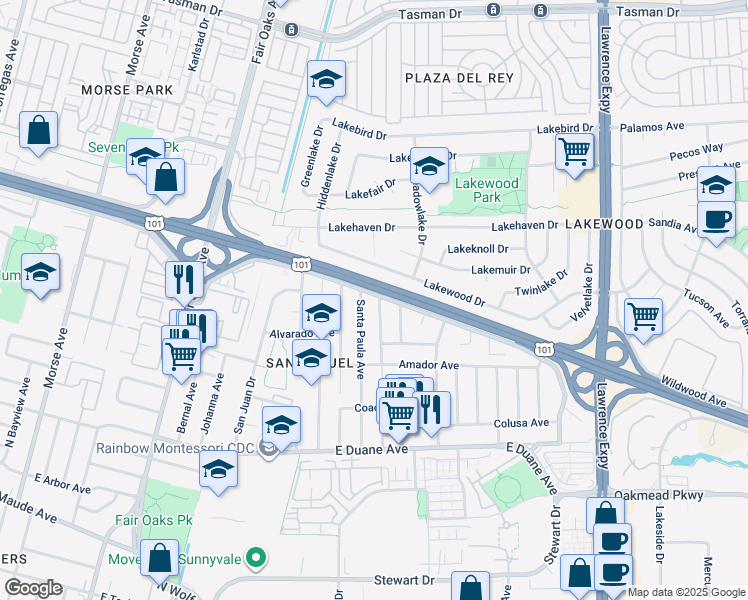 map of restaurants, bars, coffee shops, grocery stores, and more near 857 San Ramon Avenue in Sunnyvale