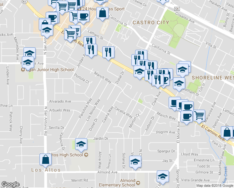 map of restaurants, bars, coffee shops, grocery stores, and more near 668 Casita Way in Los Altos
