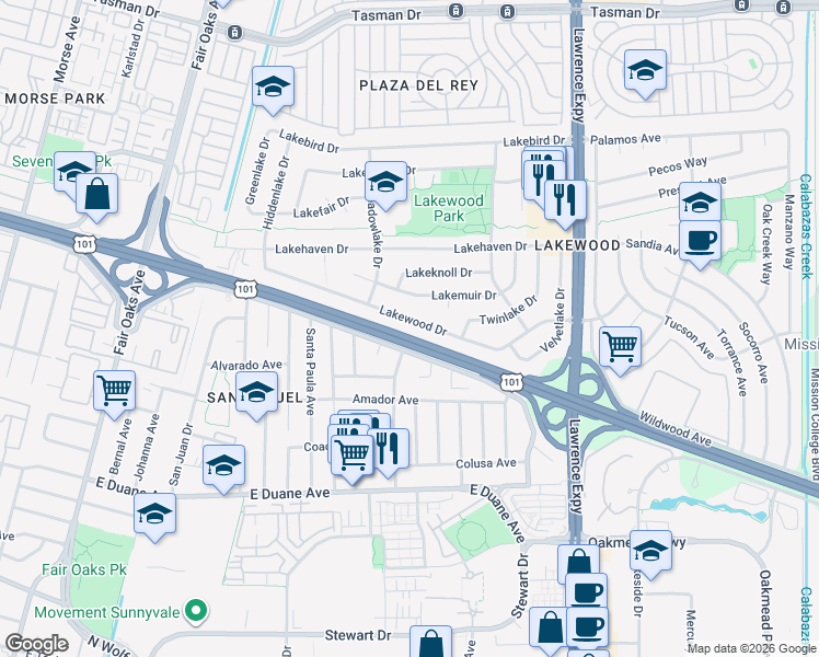 map of restaurants, bars, coffee shops, grocery stores, and more near 782 Lakewood Drive in Sunnyvale